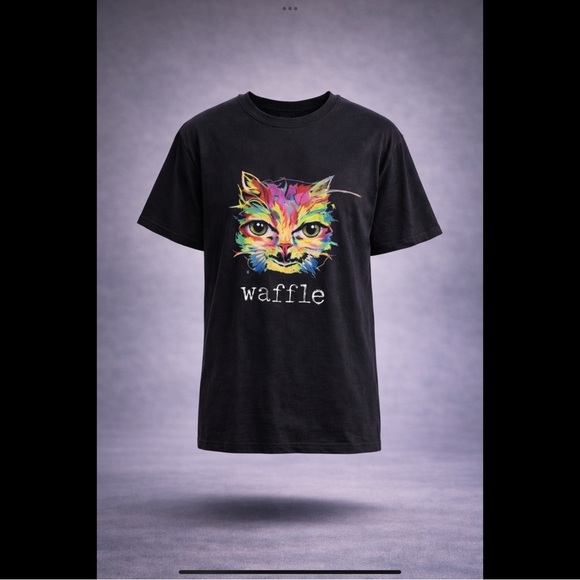 Tops - Waffle Cat Graphic T-Shirt Black Alt Y2K Internetcore Oversized Tee